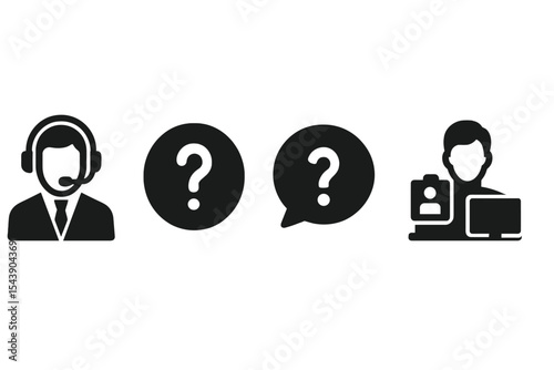 Solid Help Desk Icons. Solid style icons of help desk systems: service agent, question icon, help bubble, desk monitor. Solid