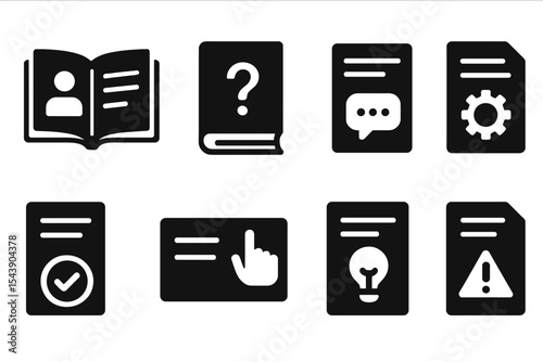 Guide Icons Collection. Solid style icons of reading help guides: user manual, FAQ book, support article, how-to doc. Solid style