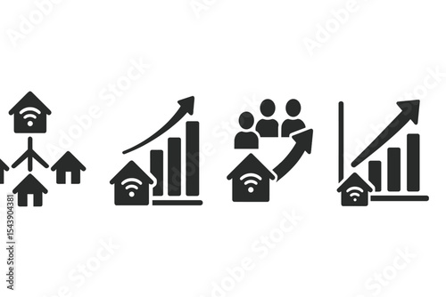 Smart Home Growth Icons. Solid style icons of smart home growth: system expansion, adoption chart, smart growth curve, market