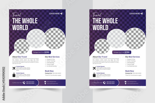 A professionally designed travel flyer template featuring vibrant images, package pricing, and essential service highlights. Ideal for travel agencies, tour operators, or holiday promotions