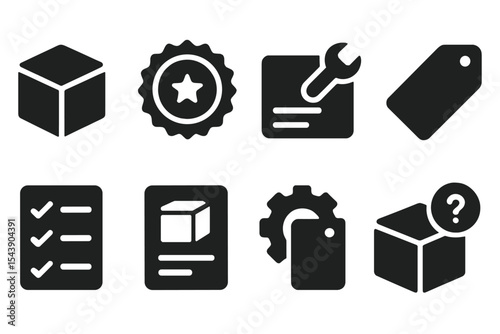 Product Icons. Solid style icons of supported products: product box, warranty badge, service label, item tag. Solid style of