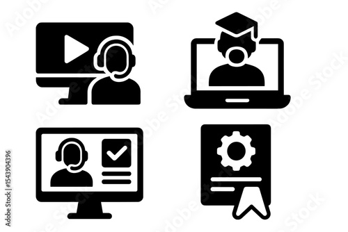 Customer Support Icons. Solid style icons of customer support learning: training video, agent course, support tutorial, learning