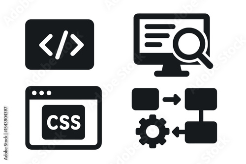 UI Development Icons. Solid style icons of development in UI: code block, dev screen, inspect icon, build flow. Solid style of