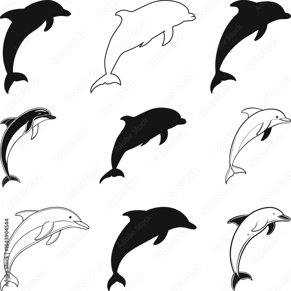 Naklejka premium Dolphin silhouettes Vector, dynamic pose, Dolphin svg, dolphin silhouette,