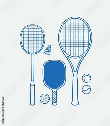 Hand-drawn badminton, tennis, and Pickleball Paddle rackets with balls. Line art, ink, minimalist style. Vector illustration. Sport collection.