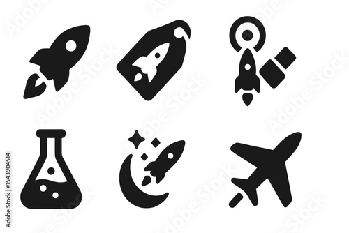 Startup Mission Icons. Solid style icons of startup missions: rocket MVP, early flight tag, new mission, smallsat icon. Solid