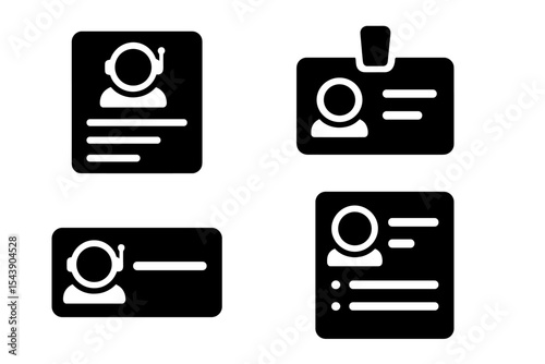 Astronaut Icon Designs. Solid style icons of astronaut bios: bio sheet, mission resume, profile tag, name panel. Solid style of