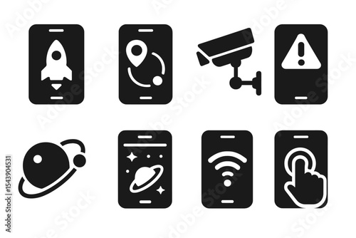 Mobile Tech Icons. Solid style icons of mobile tools: mission app, mobile tracker, live feed icon, alert panel. Solid style of