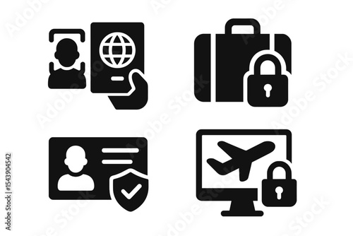 Travel Security Icons. Solid style icons of travel security: passport check, locked suitcase, traveler ID, secure booking. Solid