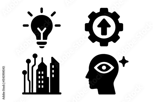 Urban Innovation Icons. Solid style icons of urban innovation: lightbulb spark, upgrade gear, digital city concept, future vision.