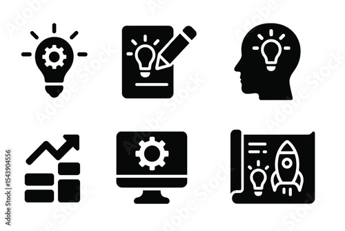 Mission Icons Collection. Solid style icons of mission ideas: concept lightbulb, design note, discovery tag, innovation thought.