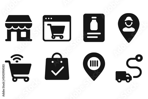 City Shopping Icons. Solid style icons of city shopping: local store icon, e-market tab, product card, vendor pin. Solid style of