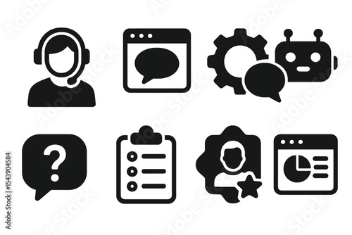 Support Icons Set. Solid style icons of support functions: help agent, service tab, response gear, chatbot icon. Solid style of