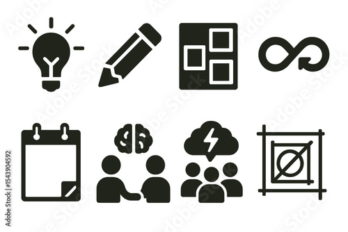 Creative Teamwork Icons. Solid style icons of creativity in teamwork: idea spark, concept pencil, moodboard, creative loop. Solid