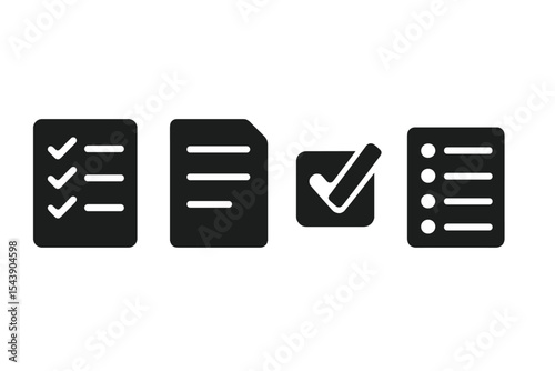 Solid To-Do Icons. Solid style icons of to-do lists: checklist icon, task sheet, completed box, bullet list. Solid style of daily