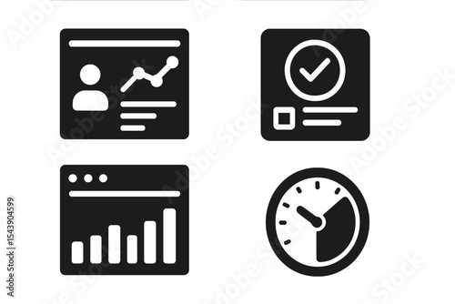 Productivity Icon Set. Solid style icons of productivity dashboards: performance chart, task progress, workload panel, time stats.