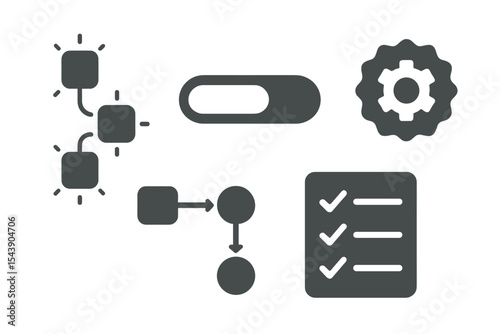 Iconic Workflow Designs. Solid style icons of calm digital workflows: task chain with glow, workflow progress bar, process step