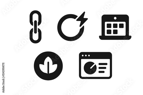 Digital Zen Icons. Solid style icons of digital zen workflows: smooth task chain, flow ring with spark, zen routine chart, minimal