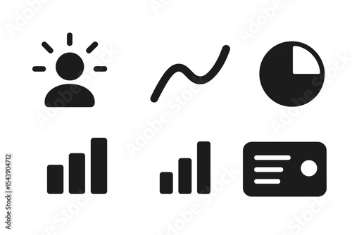 Serene Dashboard Icons. Solid style icons of serene dashboard elements: user activity with glow, trend line with gentle curve,