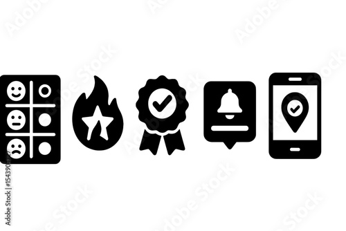 Wellness Check Icons. Solid style icons of wellness check-in tools: mood check chart, wellness streak tracker, daily health badge,