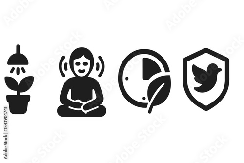 Mindful Break Icons. Solid style icons of mindful break zones: indoor plant with light, user with calm aura resting, break timer
