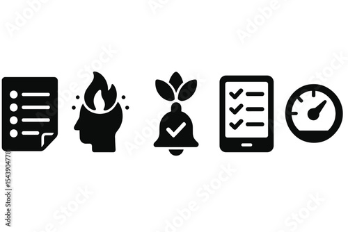 Mindful Task Icons. Solid style icons of mindful task management: daily task log, focused task streak, calm task reminder, digital