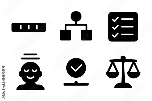 Balanced Digital Icons. Solid style icons of balanced digital mindfulness: progress bar with equal parts, balanced workflow