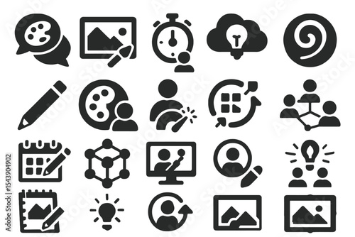 Virtual Creativity Icons. Solid style icons of virtual creativity spaces: creative chat bubbles, digital canvas, collaboration