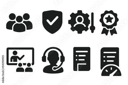 Personalized Learning Icons Collection. Solid style icons of personalized learning journeys: learning community symbol, quiz app