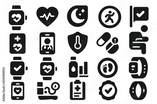 Smart Health Icons. Solid style icons of smart health monitoring: health tracker watch, heart pulse badge, sleep quality icon,