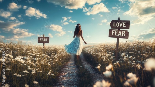 Choices lead to love or fear in a serene meadow during golden hour with a woman in a flowing dress photo