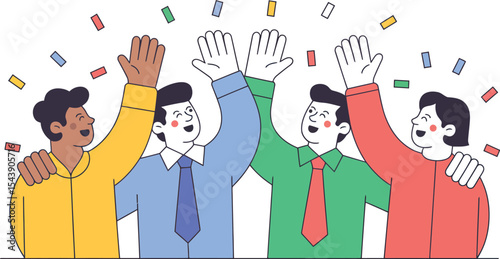 Group of diverse business people celebrating with a high five and confetti