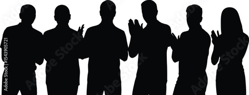 Silhouette of six people clapping hands in a row against a white background