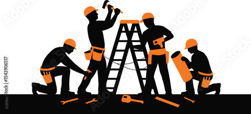 Silhouette illustration of construction workers on a building project site