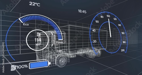 On opening dashboard 3D truck speeding and charging then slowing visualizing performance metrics