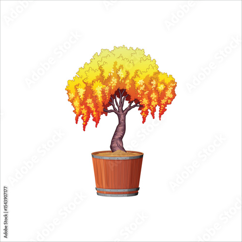 Autumnal bonsai tree in wooden pot illustration