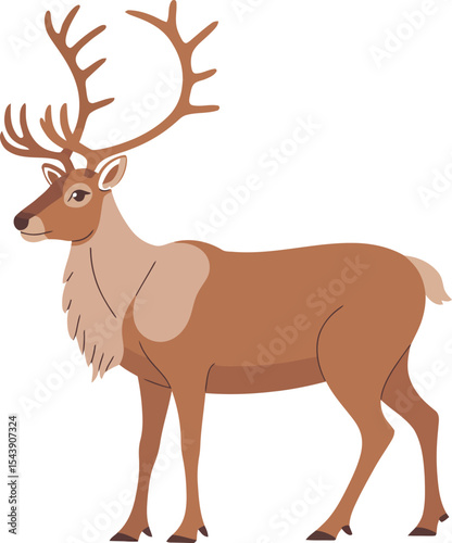 A cartoon reindeer standing in snow with a light blue and white background