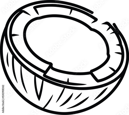A black and white line drawing of a halved coconut on a white background
