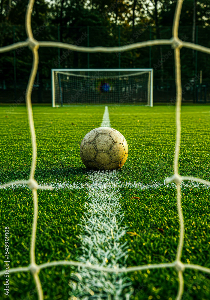 Fototapeta premium Football on the penalty spot with goal in background through net, concept of scoring or aiming for success in sport.