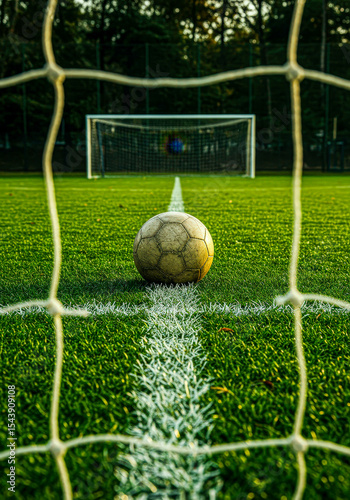 Football on the penalty spot with goal in background through net, concept of scoring or aiming for success in sport.