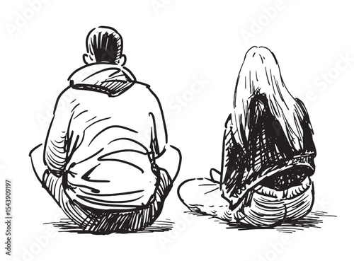 Sketch of couple young people sitting for rest outdoors, back view, realistic hand drawn vector illustration isolated on white