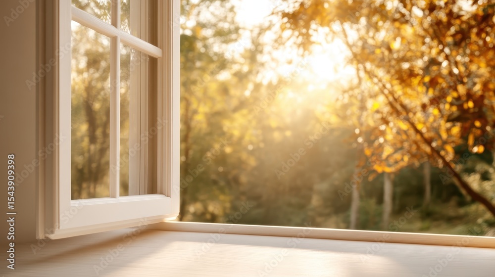 Fototapeta premium A serene view from a window, capturing the golden light spilling into a room, illuminating the surrounding autumn foliage and creating a warm atmosphere.