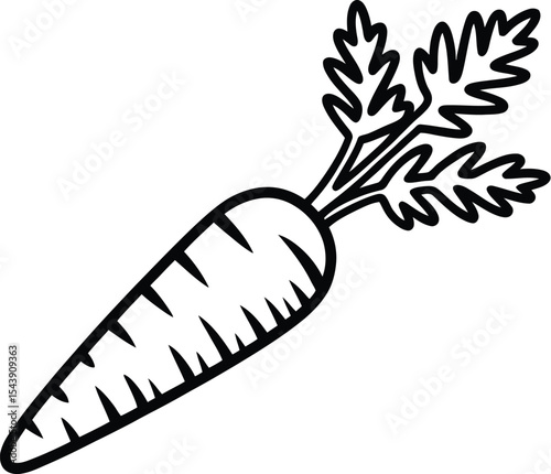 A simple black and white line drawing of a carrot with leaves on a white background