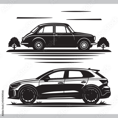 Vector illustration set of black and white cars in various styles and designs