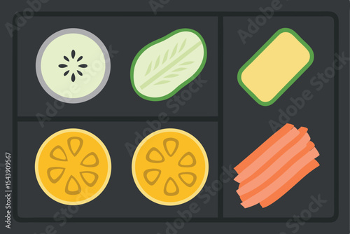 Flat vector illustration of various sliced fruits and vegetables arranged neatly