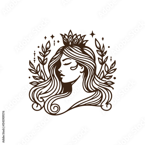 beauty line art queen logo template. goddess of nature logo illustration. Goddess vector logo	
