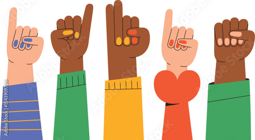 Diverse hands raised with different gestures and skin tones on white background