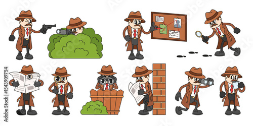 Cartoon detective character. Spy with gun, camera and binocular, magnifier. Private detective, secret agent spying, hiding and observing. Crime investigation vector scenes.