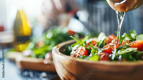 A vibrant salad bowl filled with fresh vegetables, showcasing a drizzle of olive oil, embodying health and freshness with a focus on colorful ingredients and presentation.