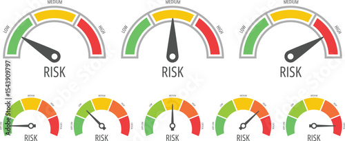Risk meter. Color dashboard gauge indicators of risk levels with green low, yellow medium and red high scale. Analytics, credit score, status infographic chart. Vector set.